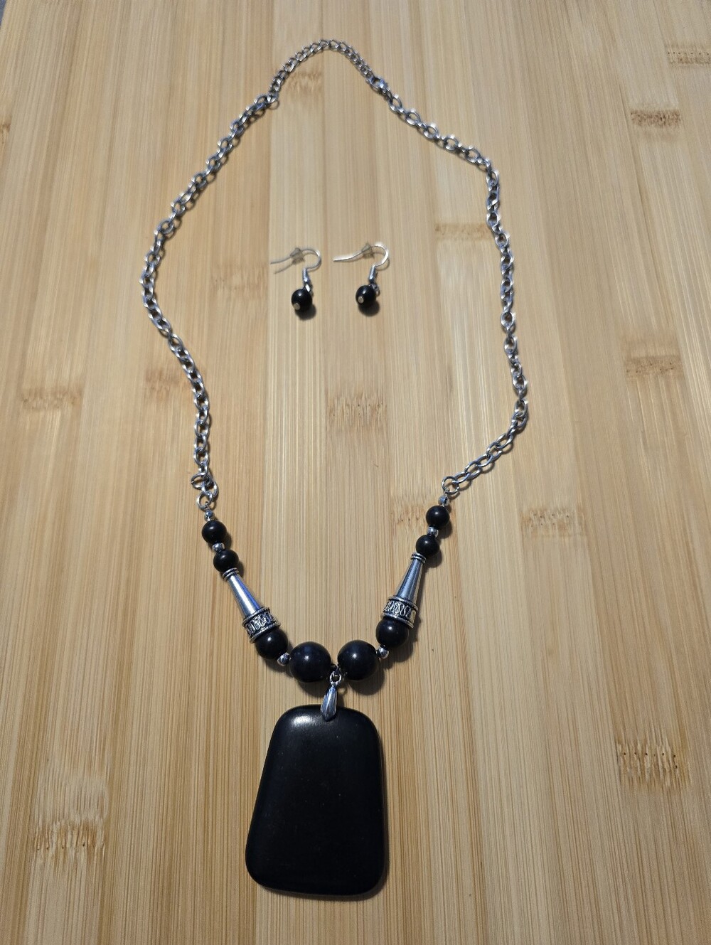 🖤 Black Matte Stone Trapezoid Pendant Necklace Earring Set Boho